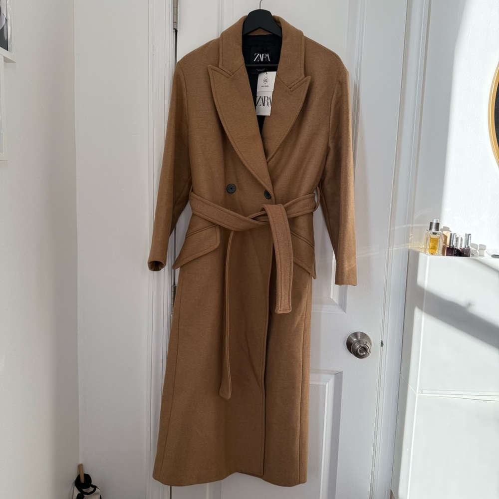 ZARA BELTED DOUBLE BREASTED WOOL BLEND COAT size S